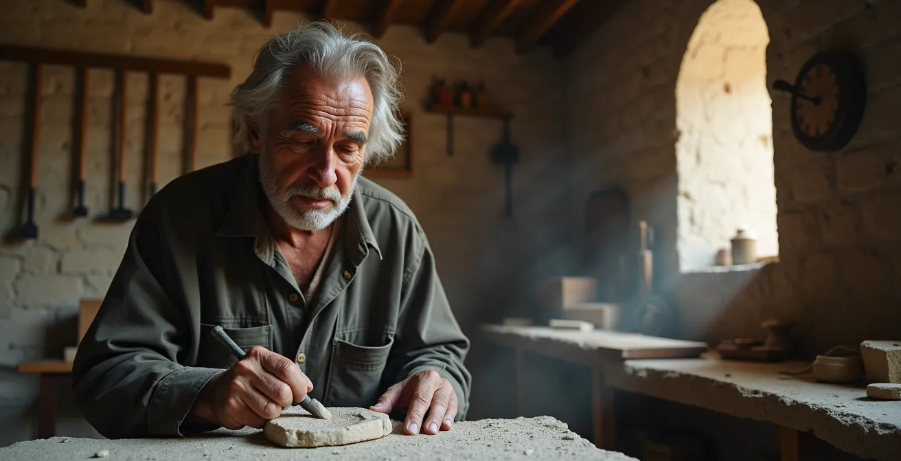 Artisan sculpteur travaillant sur une pierre de taille dans l'atelier d'un château
