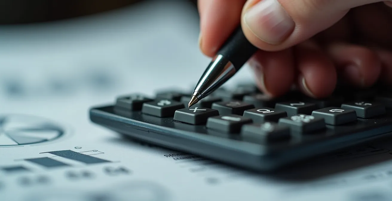 Main tenant un stylo au-dessus d'une calculatrice avec papiers flous