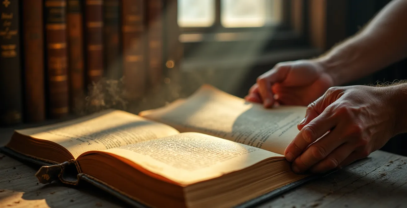 Mains expertes consultant des archives anciennes dans une bibliothèque de château