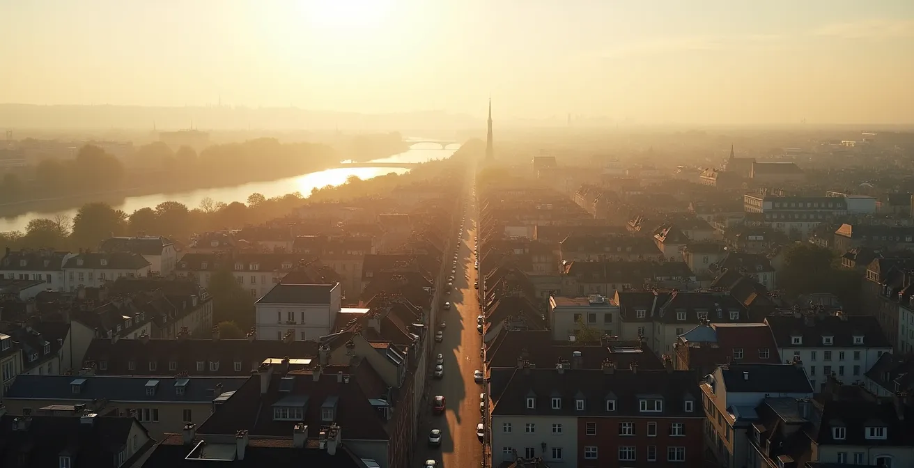 Vue aérienne des quartiers de Rouen avec la Seine