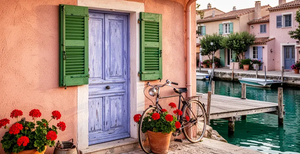 Façade colorée typique de Port Grimaud avec volets provençaux et ponton privatif