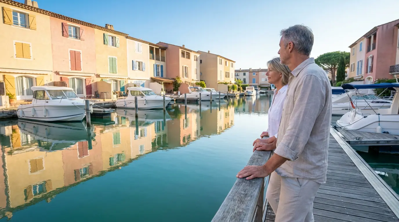 Canal de Port Grimaud avec maisons colorées et bateaux amarrés aux pontons privatifs