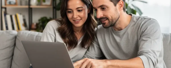 Couple trentenaire consultant simulateur capacité emprunt sur ordinateur portable