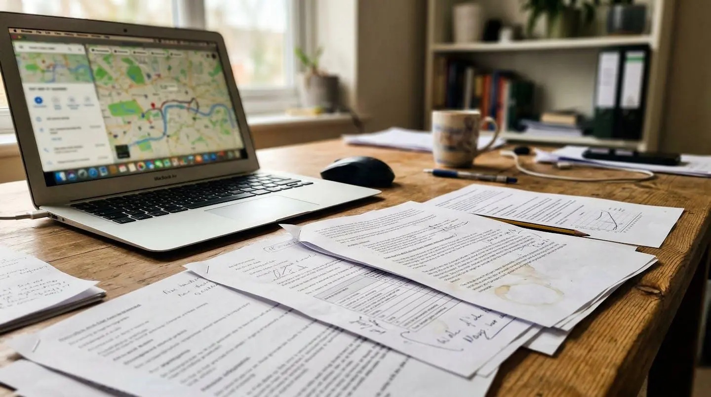 Un bureau en bois avec des documents papier et un ordinateur portable dont l'écran affiche une carte floue