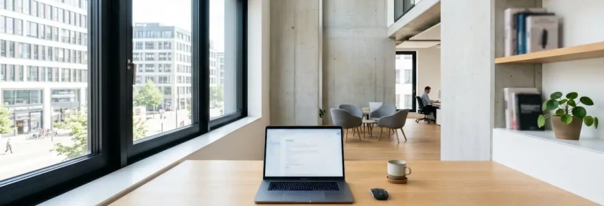 Bureau contemporain minimaliste avec ordinateur portable ouvert, grande fenêtre lumineuse en arrière-plan, ambiance épurée et professionnelle