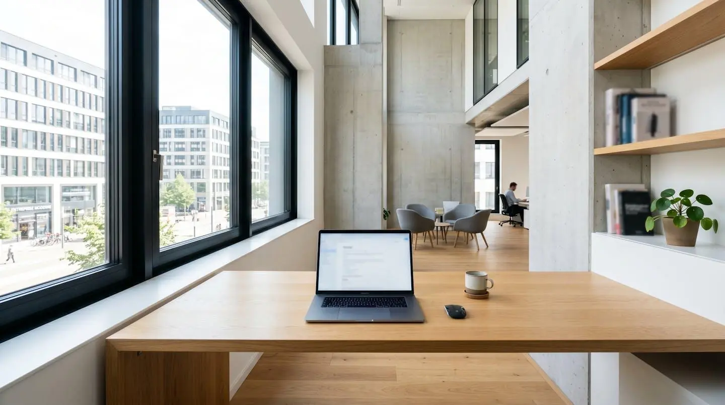 Bureau contemporain minimaliste avec ordinateur portable ouvert, grande fenêtre lumineuse en arrière-plan, ambiance épurée et professionnelle