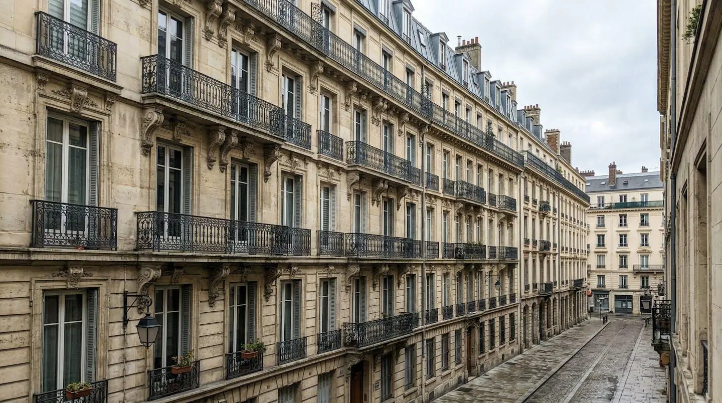 Façade d'un immeuble lyonnais ancien avec balcons en fer forgé vue depuis la rue sous un ciel légèrement couvert