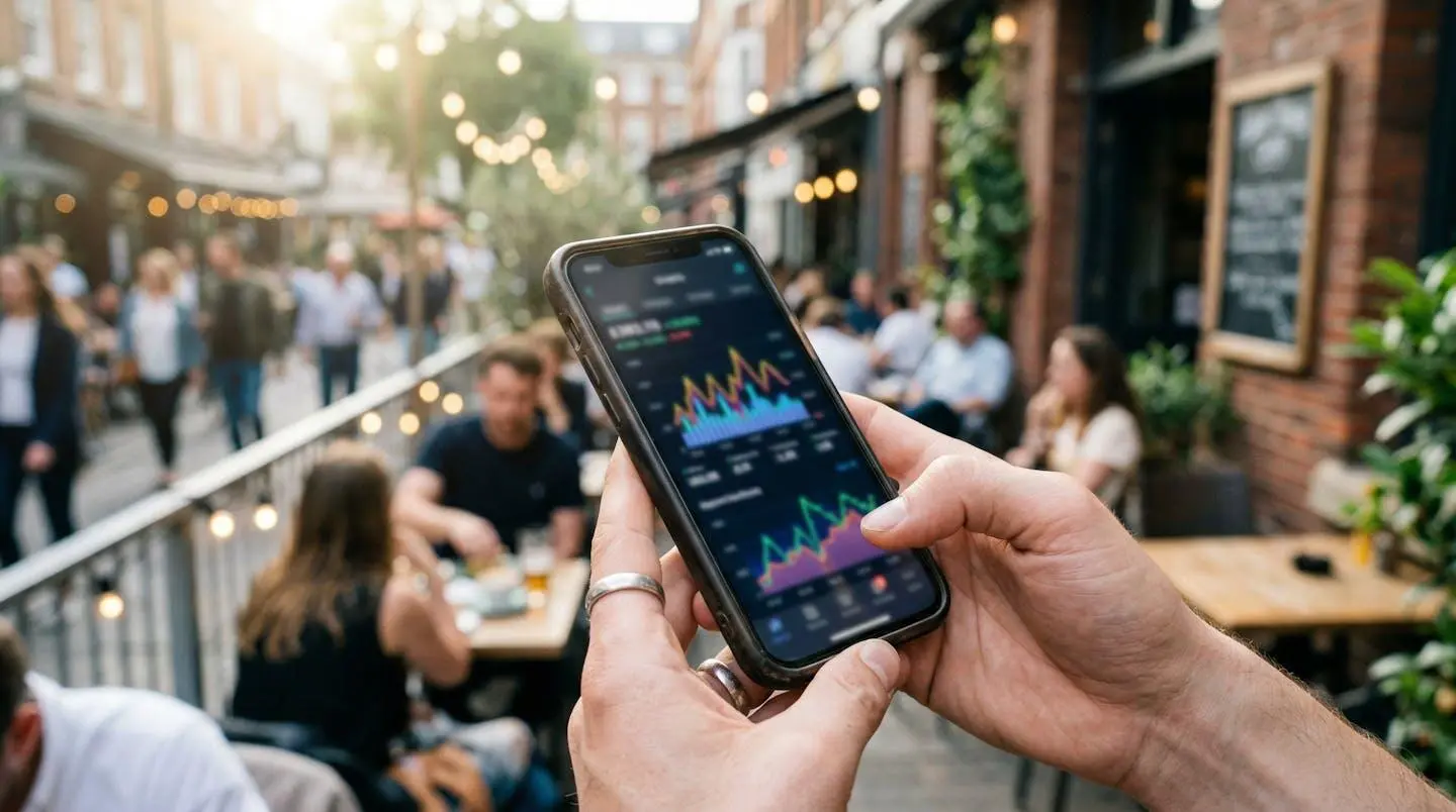 Des mains tiennent un smartphone affichant un graphique flouté sur une terrasse de café urbaine