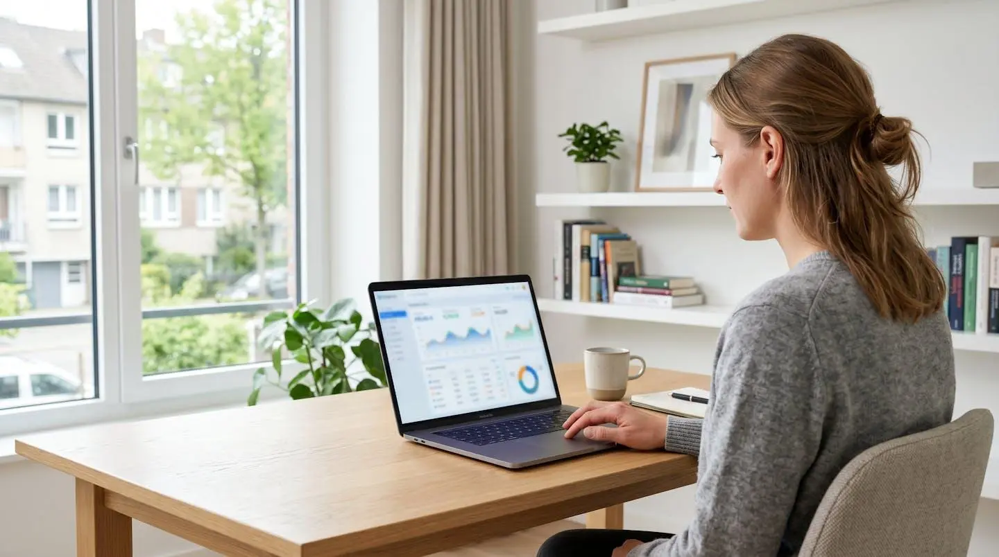 Vue de profil d'une personne concentrée travaillant sur un ordinateur portable montrant une interface financière floue, lumière naturelle latérale, intérieur moderne