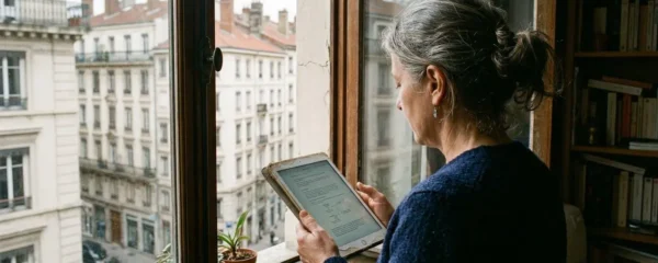 Une femme d'âge moyen consulte sa tablette près d'une fenêtre donnant sur des immeubles haussmanniens lyonnais