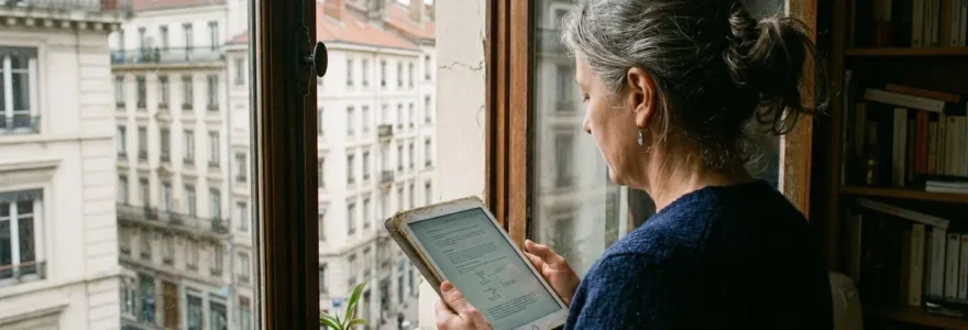 Une femme d'âge moyen consulte sa tablette près d'une fenêtre donnant sur des immeubles haussmanniens lyonnais