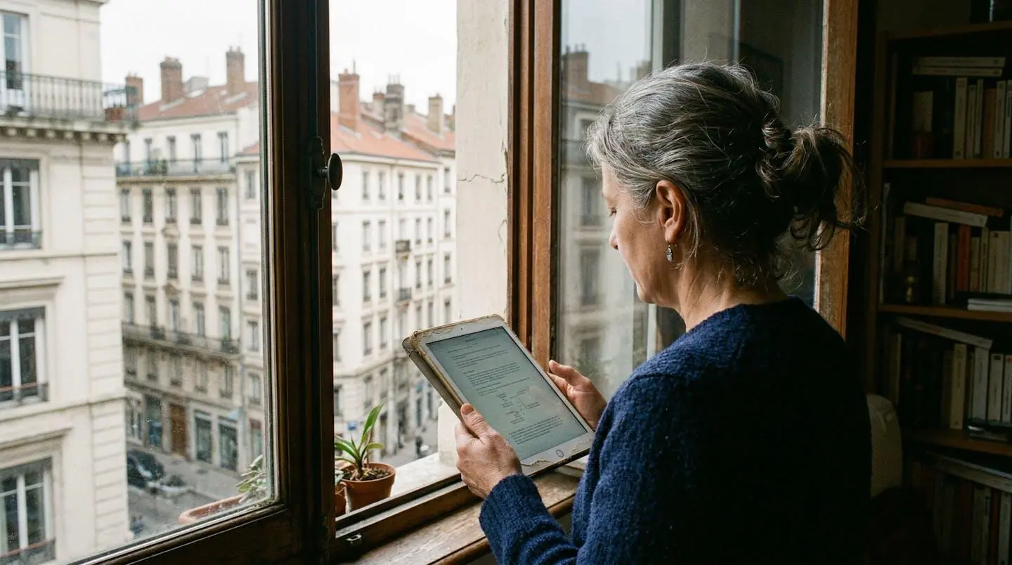 Une femme d'âge moyen consulte sa tablette près d'une fenêtre donnant sur des immeubles haussmanniens lyonnais