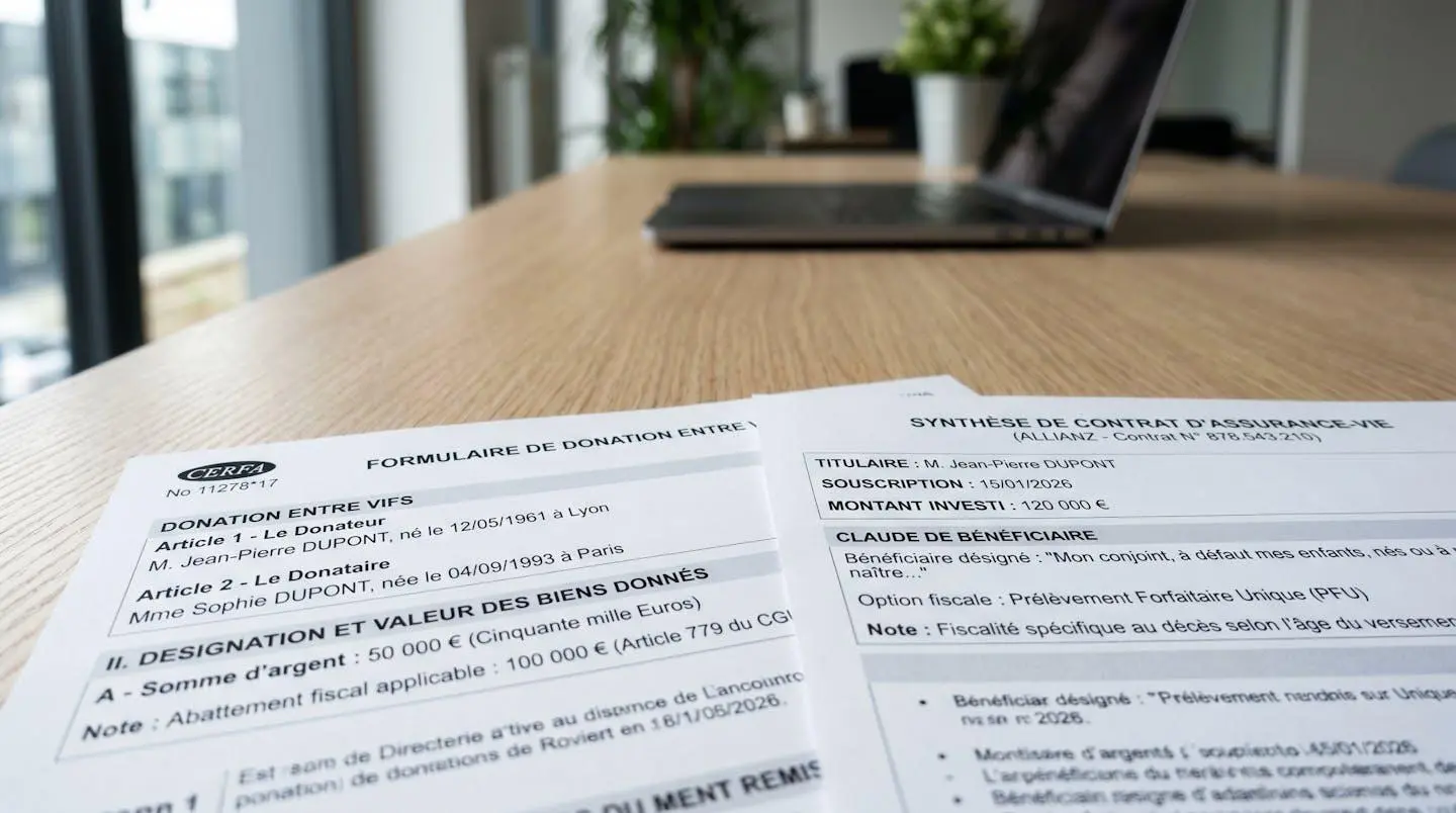 Gros plan de deux documents administratifs français côte à côte : formulaire de donation et contrat d'assurance-vie, avec sections clés visibles