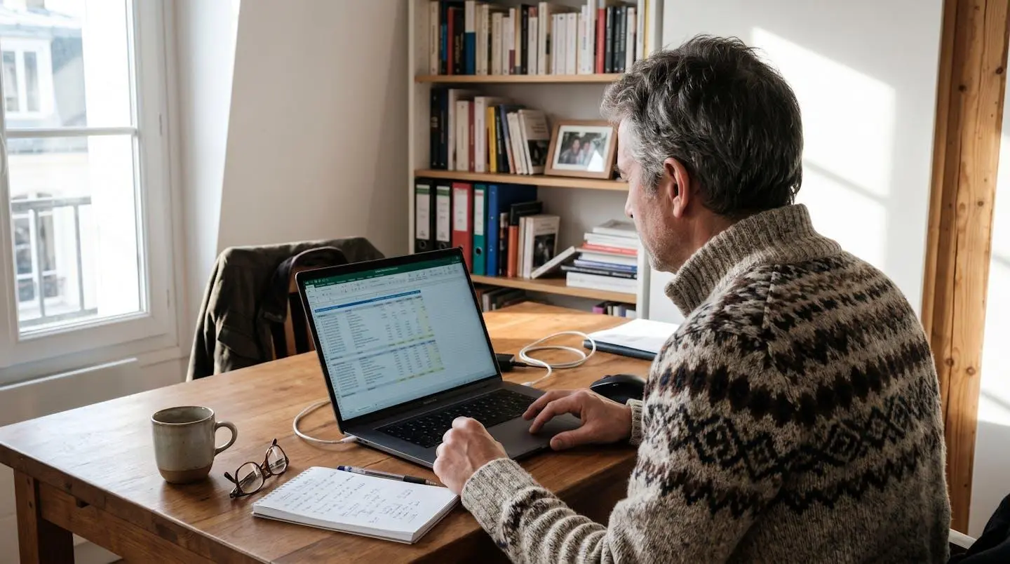 Personne de dos dans un bureau à domicile consultant un outil de planification financière sur ordinateur portable, lumière naturelle d'après-midi