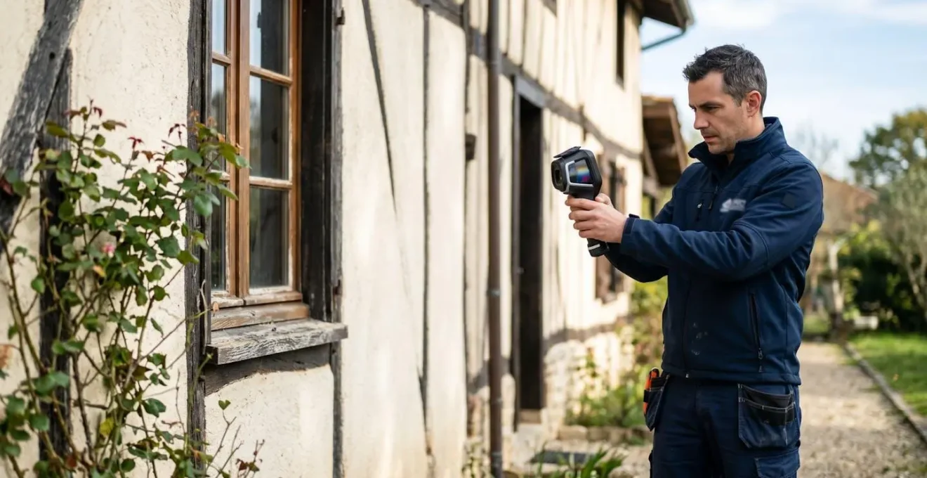 Diagnostiqueur immobilier utilisant une caméra thermique pour inspecter la performance énergétique d'une façade de maison landaise