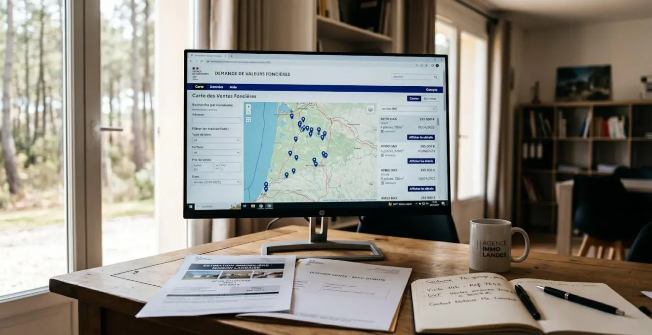 Poste de travail d'agence immobilière avec écran affichant l'interface DVF et documents d'analyse de marché