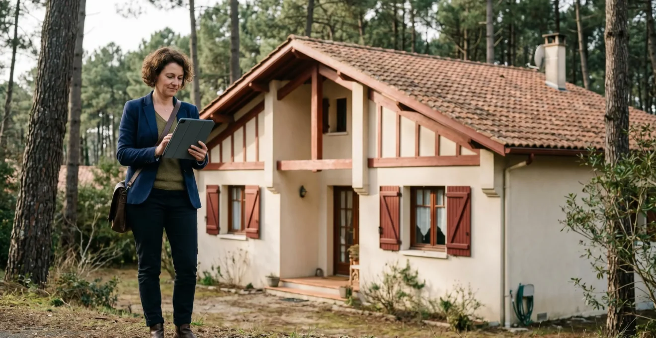 Professionnel de l'immobilier consultant des documents d'évaluation devant une maison landaise typique avec toiture en tuiles et pins maritimes en arrière-plan