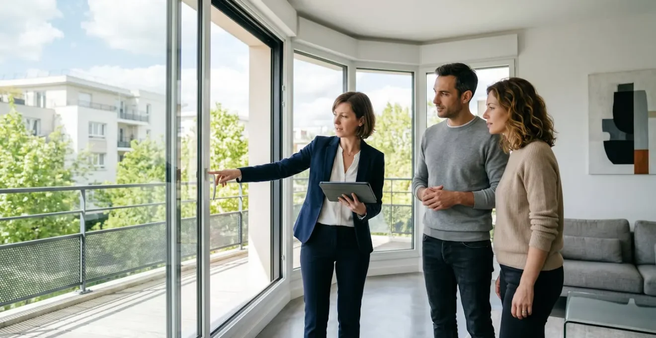 Agent immobilier présentant un détail architectural à un couple de clients lors d'une visite dans un bien contemporain lumineux de l'Ouest parisien