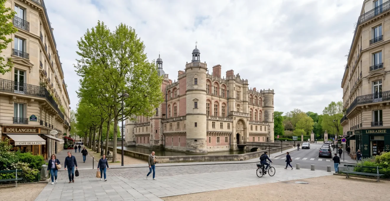 Château de Saint-Germain-en-Laye vu depuis la place adjacente avec ses tours Renaissance en brique rose et l'environnement résidentiel haussmannien environnant