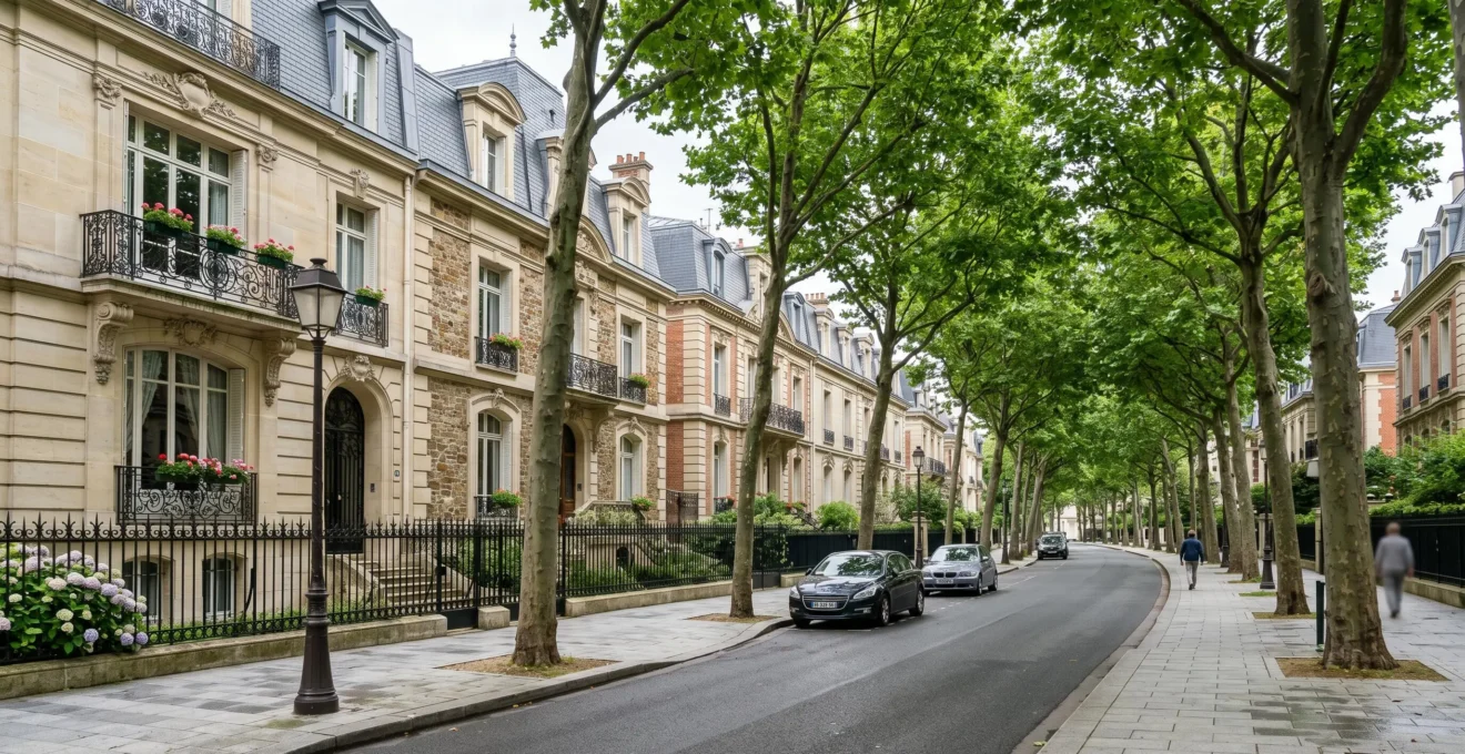 Rue résidentielle arborée dans l'Ouest parisien bordée de maisons bourgeoises en pierre de taille avec balcons en fer forgé et arbres d'alignement matures formant une canopée naturelle