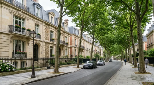 Rue résidentielle arborée dans l'Ouest parisien bordée de maisons bourgeoises en pierre de taille avec balcons en fer forgé et arbres d'alignement matures formant une canopée naturelle