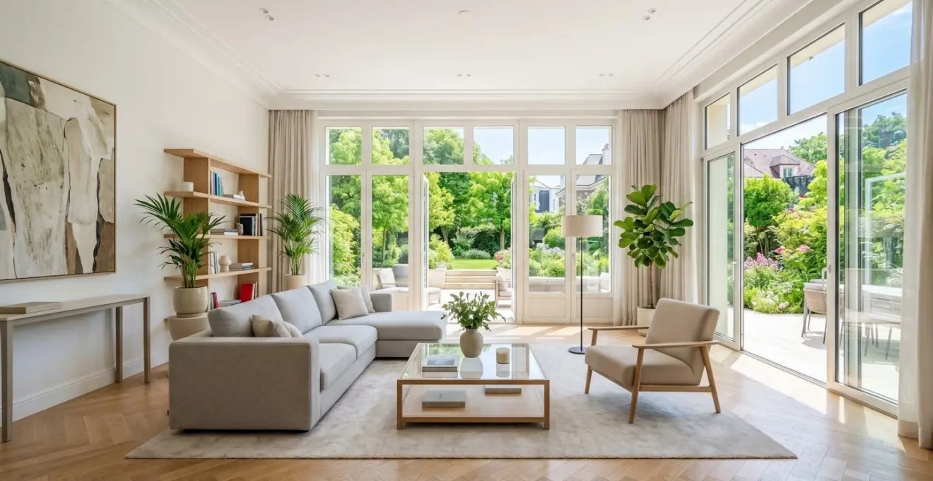 Salon spacieux et lumineux d'un bien immobilier dans l'Ouest parisien avec grandes baies vitrées donnant sur jardin privé, mobilier contemporain épuré et lumière naturelle abondante