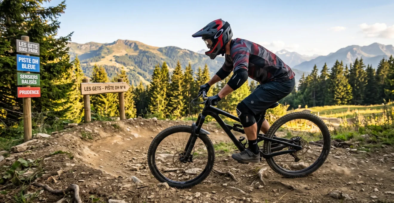 Vététiste adulte en descente dynamique sur une piste balisée du Bike Park Les Gets en été, casque intégral et protections, forêt de montagne et prairies alpines en arrière-plan sous un ciel bleu estival