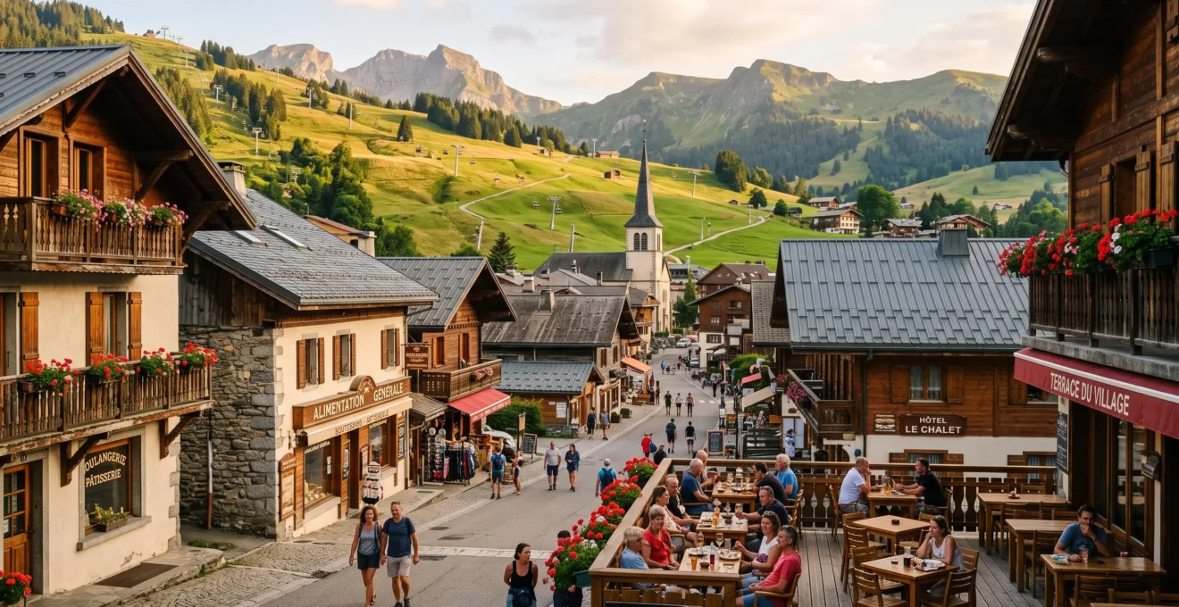 Vue panoramique du village des Gets en été avec chalets savoyards traditionnels, clocher d'église, terrasses animées et remontées mécaniques visibles en arrière-plan sous un ciel bleu, lumière dorée de fin d'après-midi