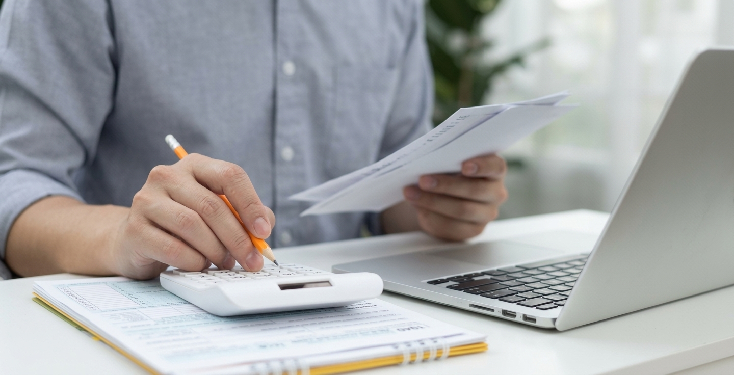 Mains organisant des documents financiers français sur une table : bulletins de salaire, avis d'imposition et relevés bancaires pour simulation de crédit