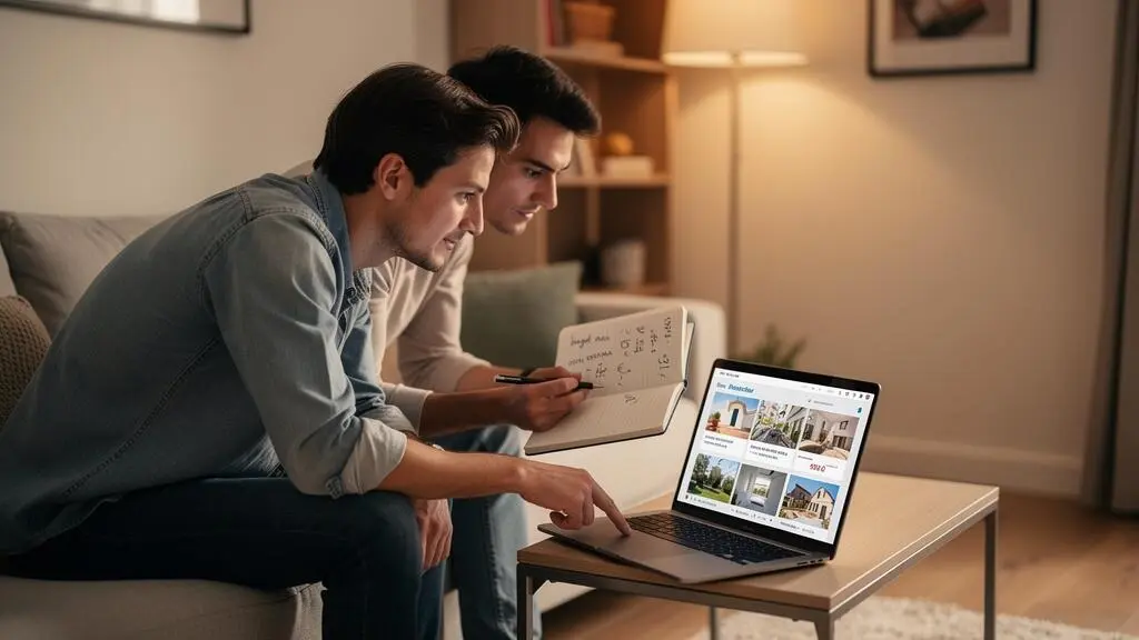 Jeune couple consultant des annonces immobilières sur ordinateur portable avec carnet de notes de budget dans leur salon