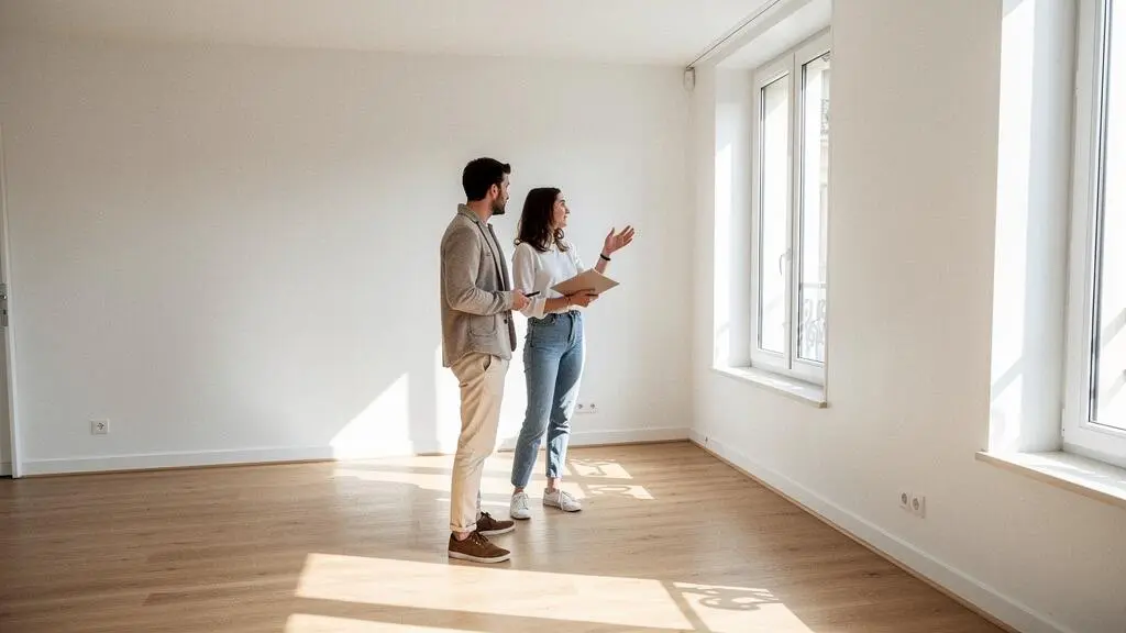 Jeune couple visitant un appartement vide et lumineux avec parquet et fenêtres, discutant des caractéristiques du bien